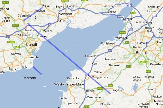Место проведения 40-километрового теста связи в Кардиффе расположено на севере города (264 метра над уровнем моря), а другой конец 40-километровой линии видимости — Блэк-Даун Мендипса (325 метров над уровнем моря). на другой стороне Бристольского прохода.