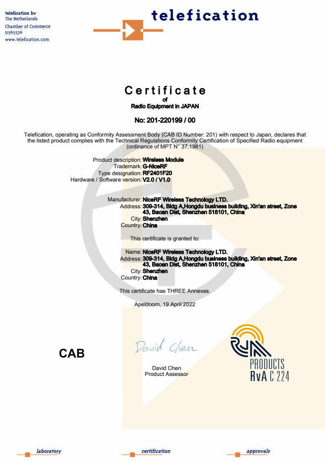 Радиочастотный модуль 2,4 ГГц RF2401F20 прошел сертификацию TELEC