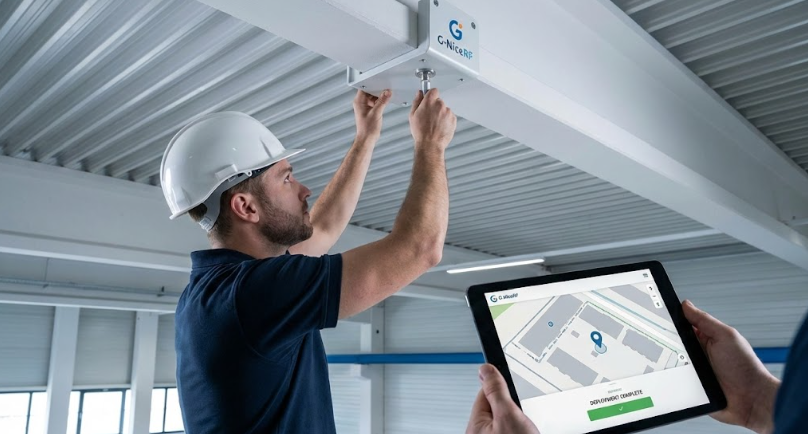 Технический специалист устанавливает якорь G-NiceRF UWB с поддержкой планшета.